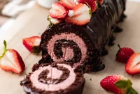 Dreamy Vegan Gluten-Free Chocolate Swiss Roll with Strawberry Buttercream