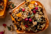 Hearty Roasted Butternut Squash Stuffed with Lentils and Walnuts