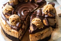 Ultra Creamy Baked Peanut Butter Cookie Dough Vegan Cheesecake