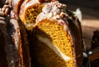 Delightfully Moist Vegan Pumpkin Bundt Cake with Maple Pecan Glaze and Creamy Swirl