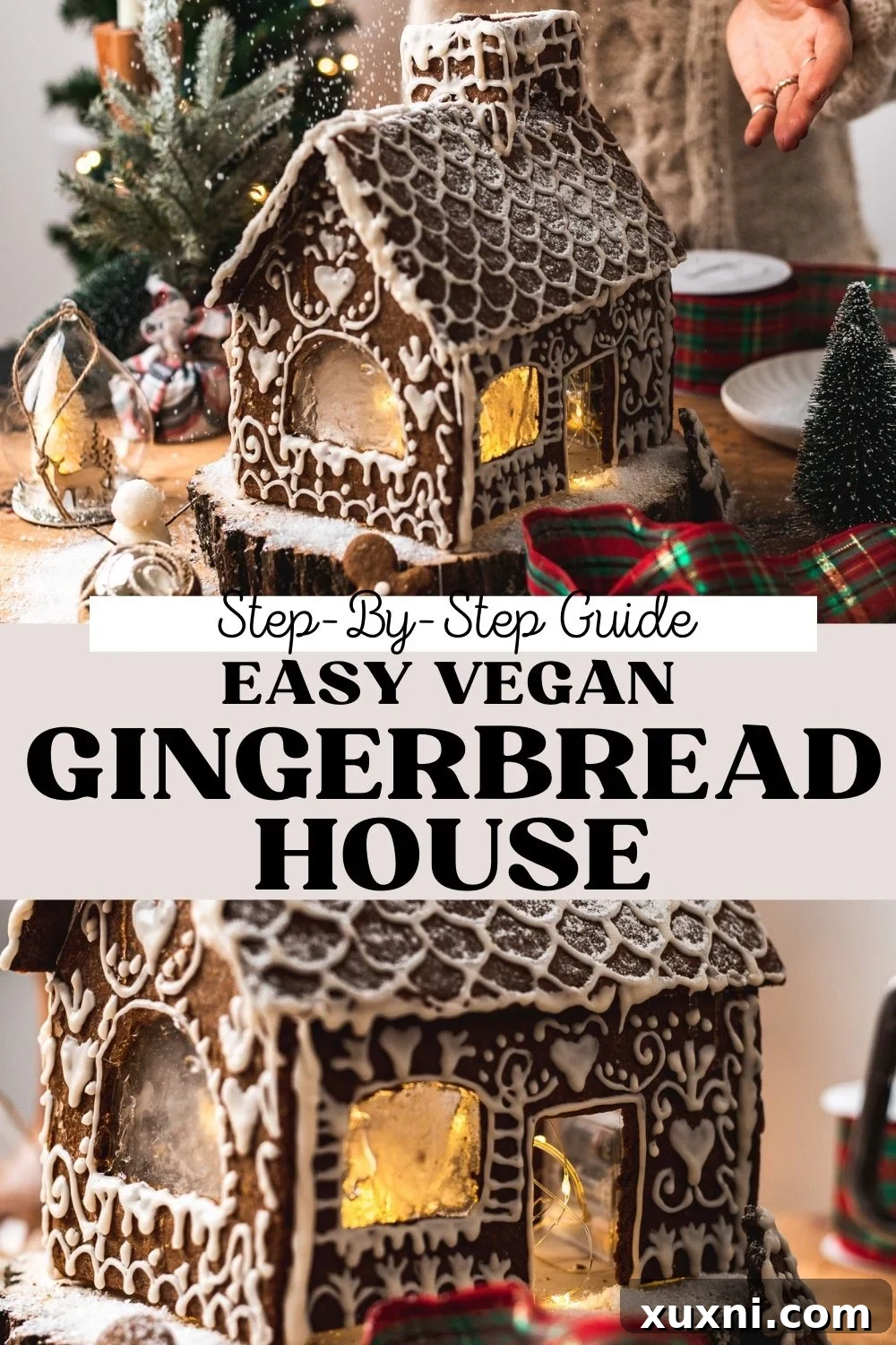 Pin-friendly graphic: Amazing Vegan Gingerbread House Recipe with video tutorial for dairy-free, gluten-free, sturdy gingerbread