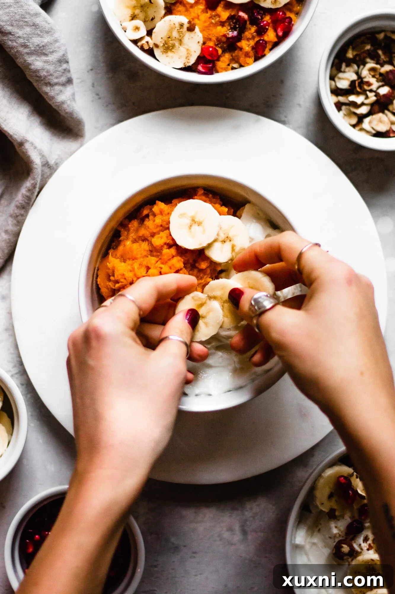 banana coins topping sweet potato bowl