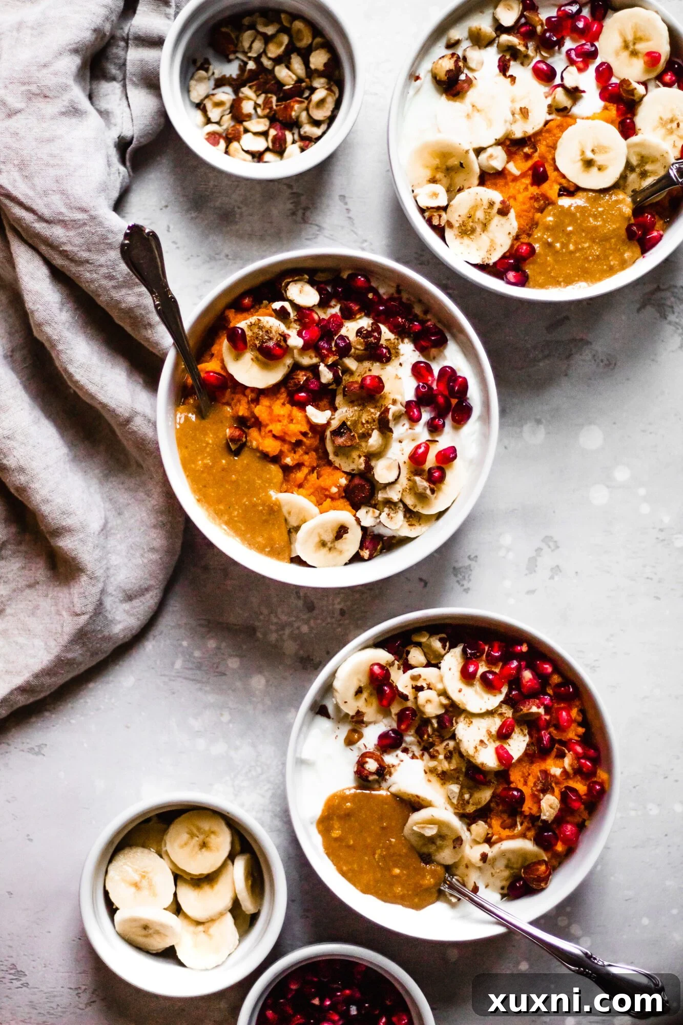 sweet potato breakfast bowls lined up