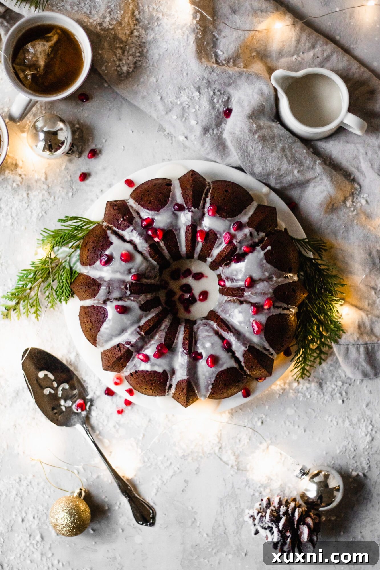 overhead of gingerbread bundt cake