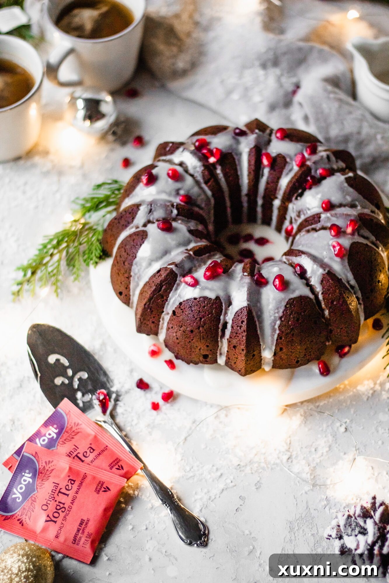 full gingerbread bundt cake on marble slab