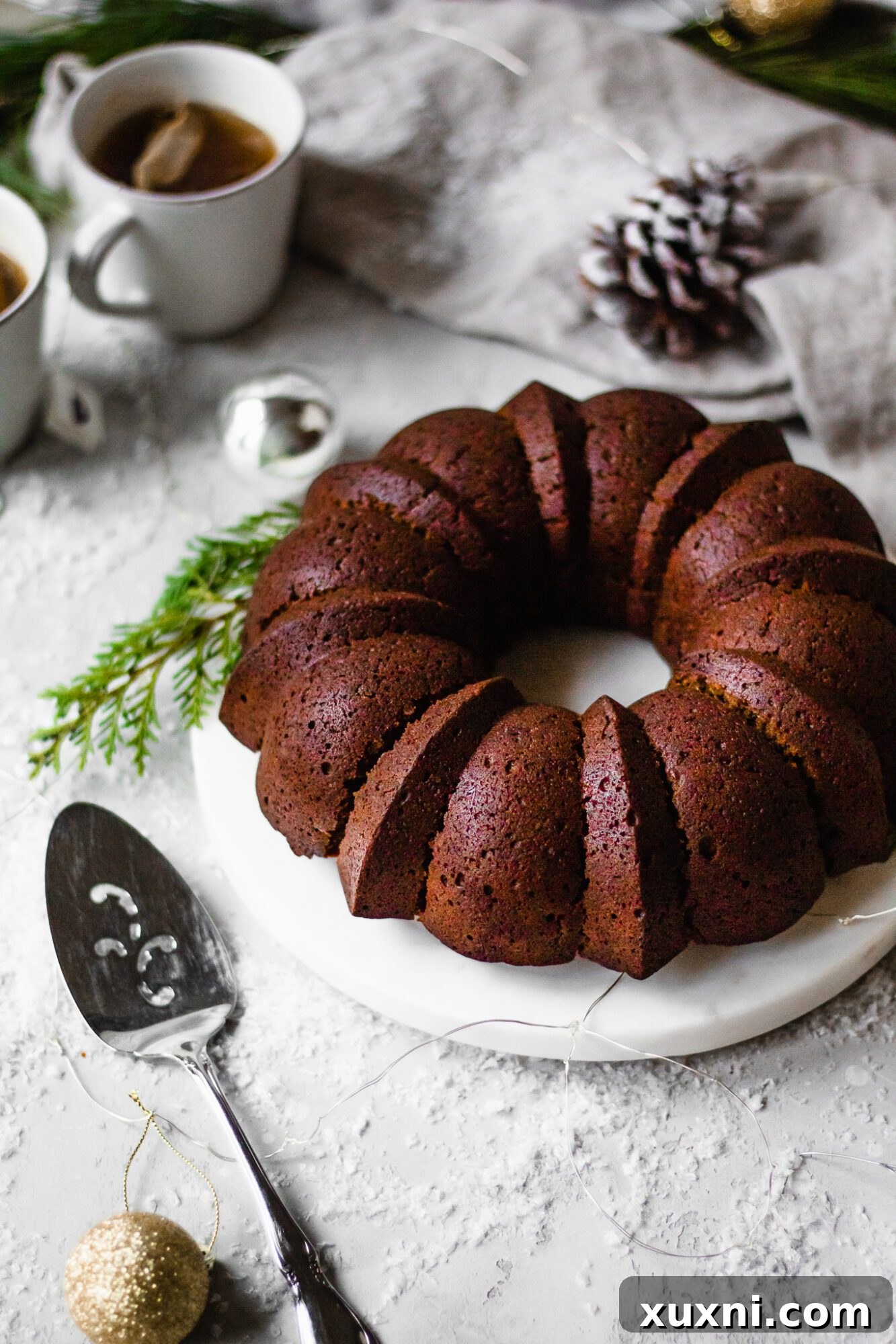 gingerbread bundt cake on marble slab