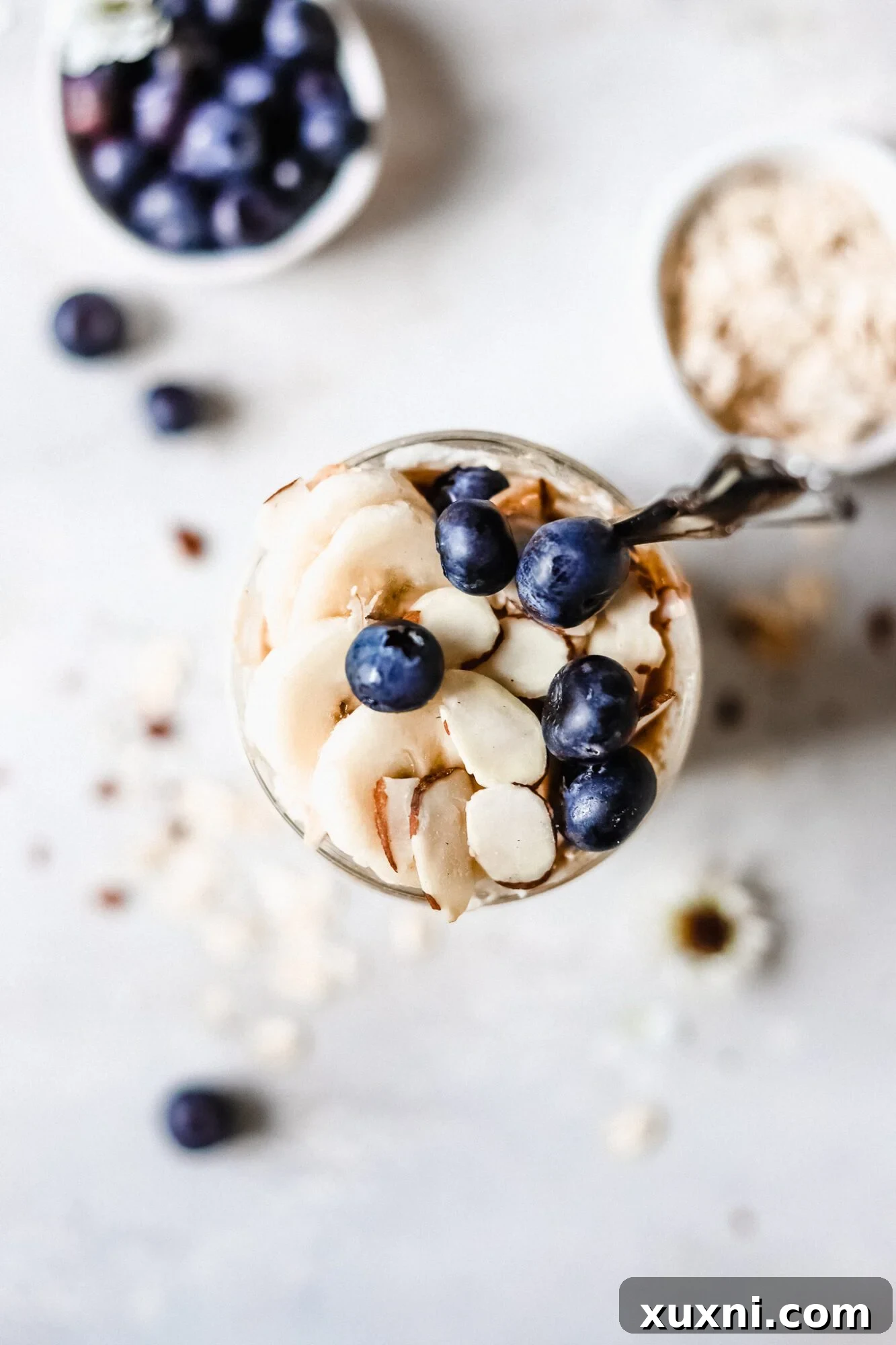 Overhead shot of vanilla blueberry overnight oats with almond slices