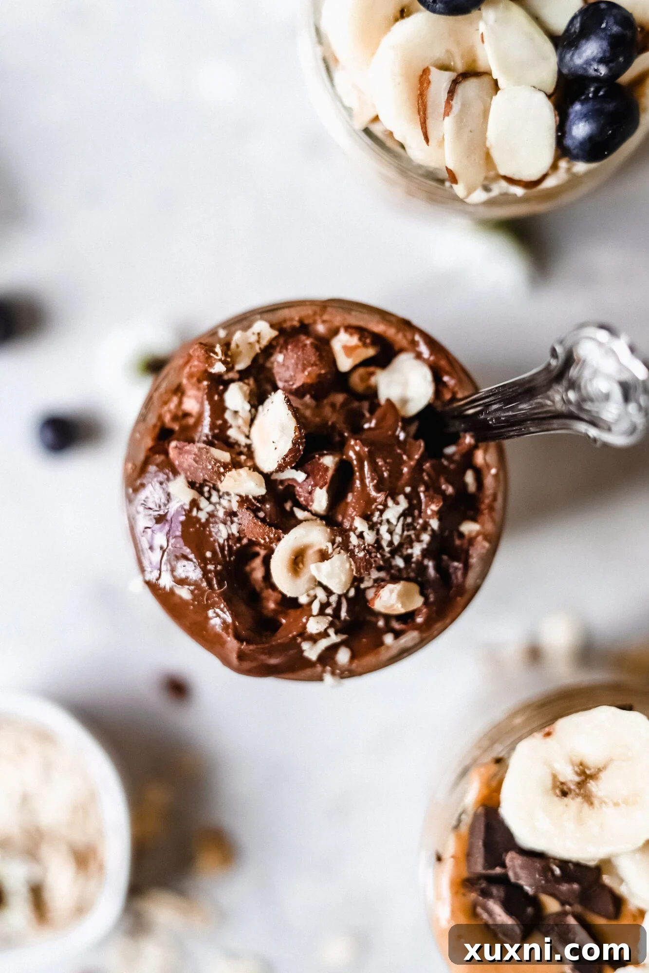 Overhead shot of chocolate hazelnut overnight oats with chopped nuts