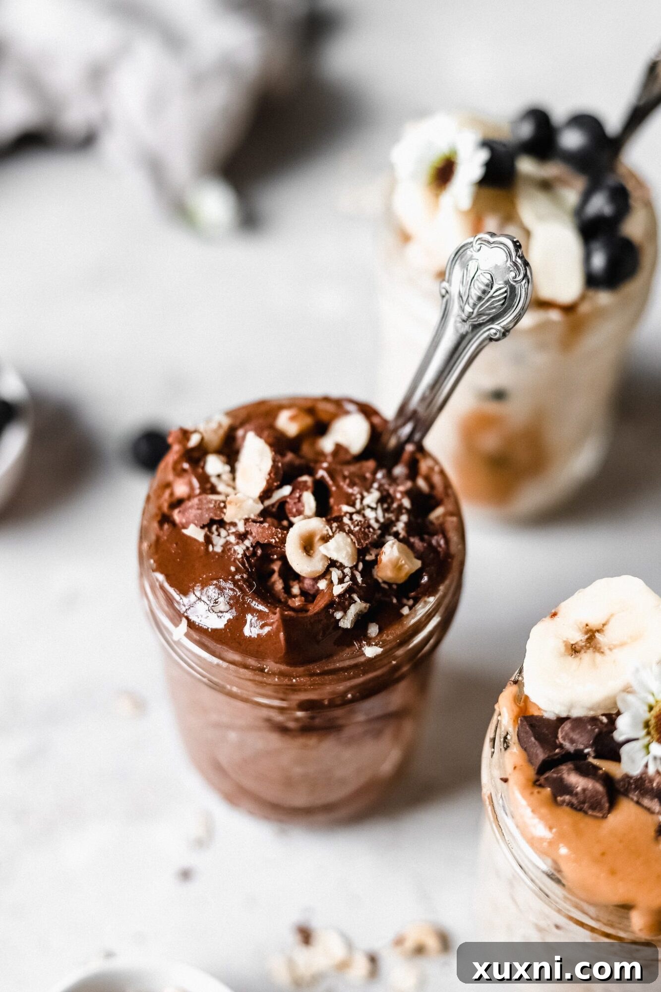All three oatmeal jars lined up, showcasing the different flavors