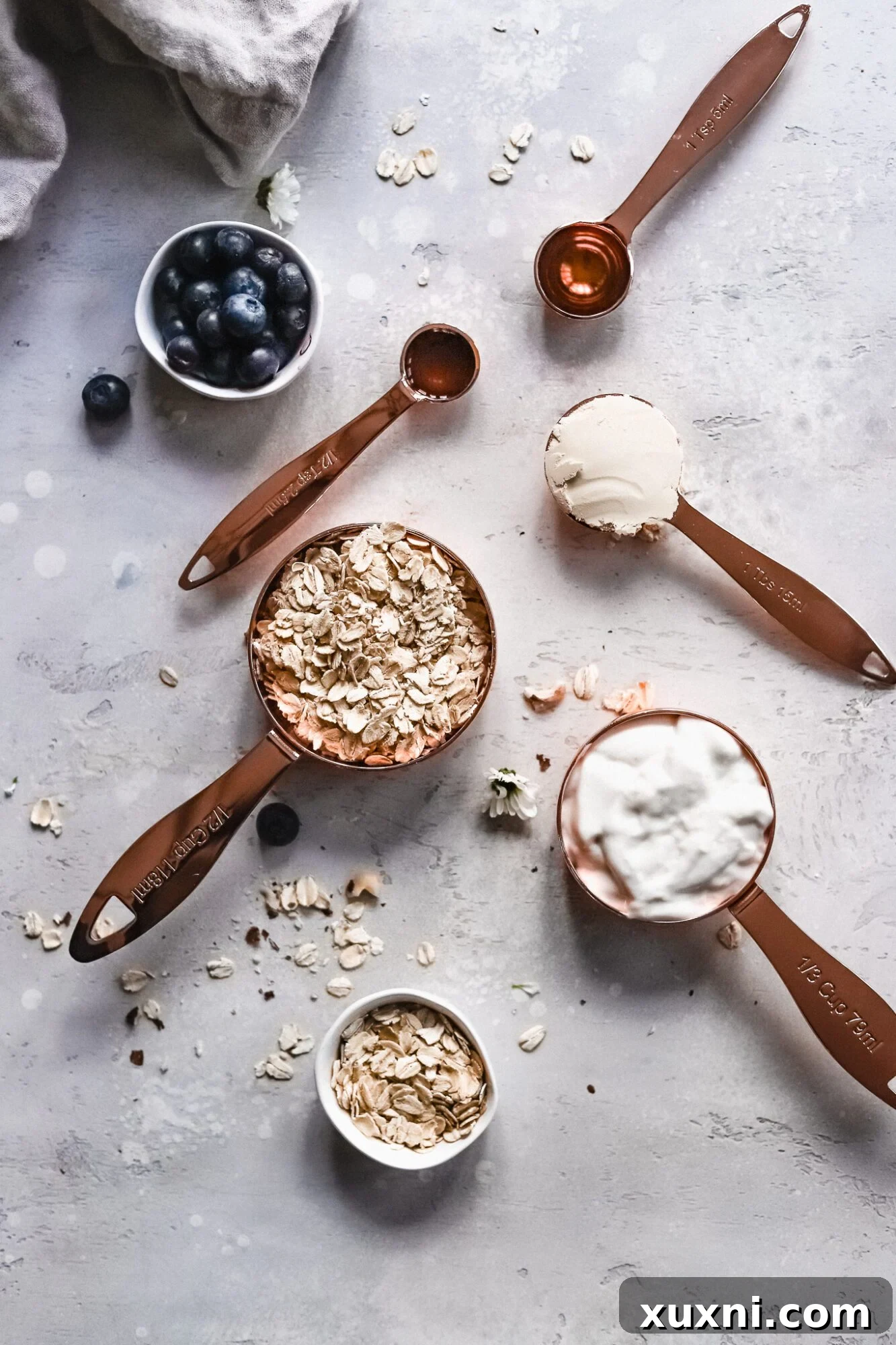 Ingredients for healthy vegan oatmeal recipe laid out on a table