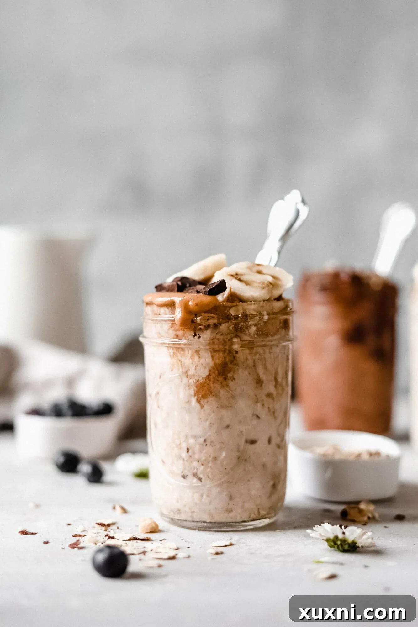 Jar of creamy peanut butter banana overnight oats