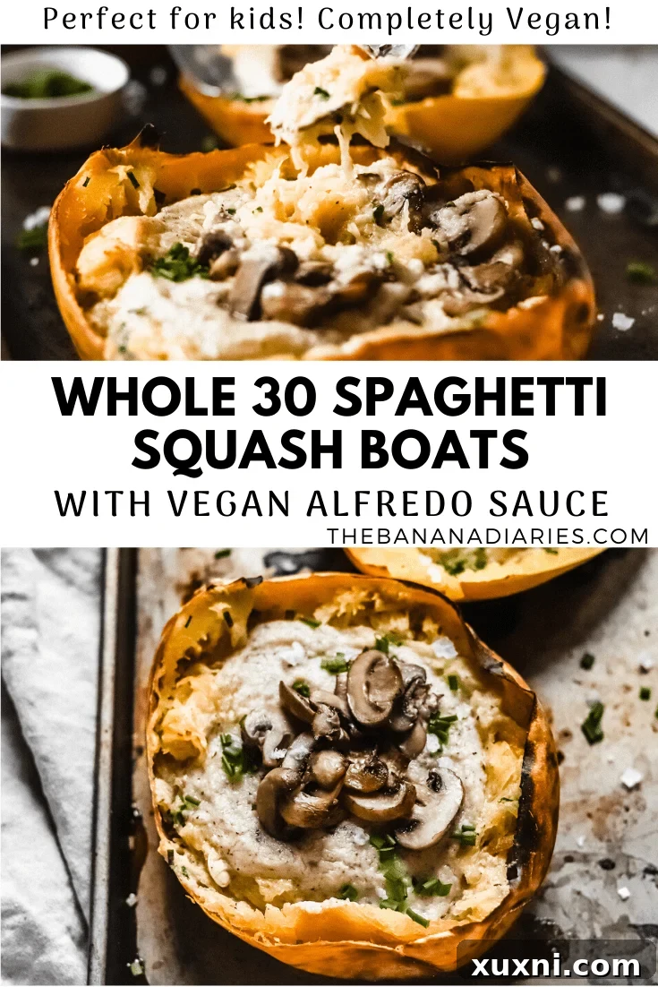 Pinterest image for creamy Whole30 spaghetti squash boats with vegan Alfredo sauce