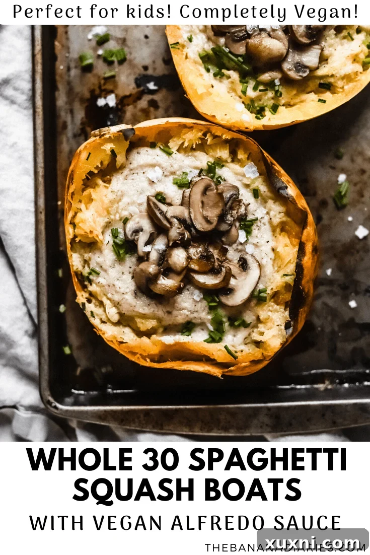Pinterest image for Whole30 Spaghetti Squash Boats with Vegan Alfredo Sauce, encouraging saving the recipe.