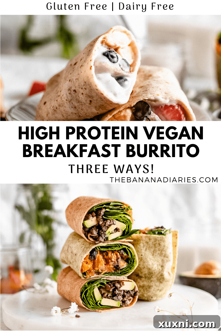 Pinterest graphic for high protein vegan breakfast burritos