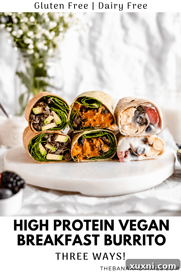 Final Pinterest graphic for the vegan breakfast burrito recipe