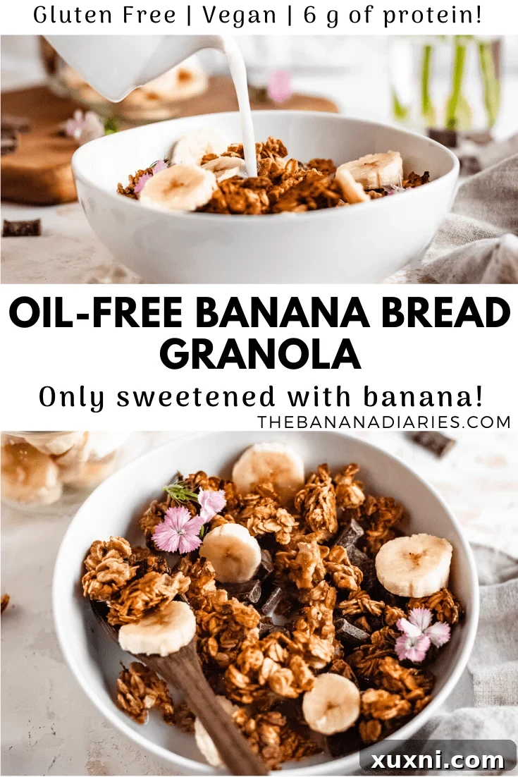 A Pinterest-optimized image featuring the easy homemade oil-free banana bread granola recipe, perfect for sharing and saving.