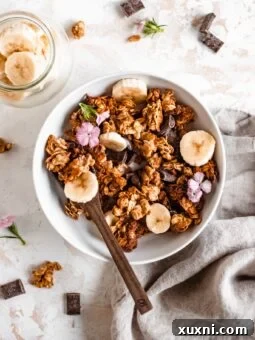 A bowl filled with delectable oil-free oat clusters and banana chunks, ready to be served.