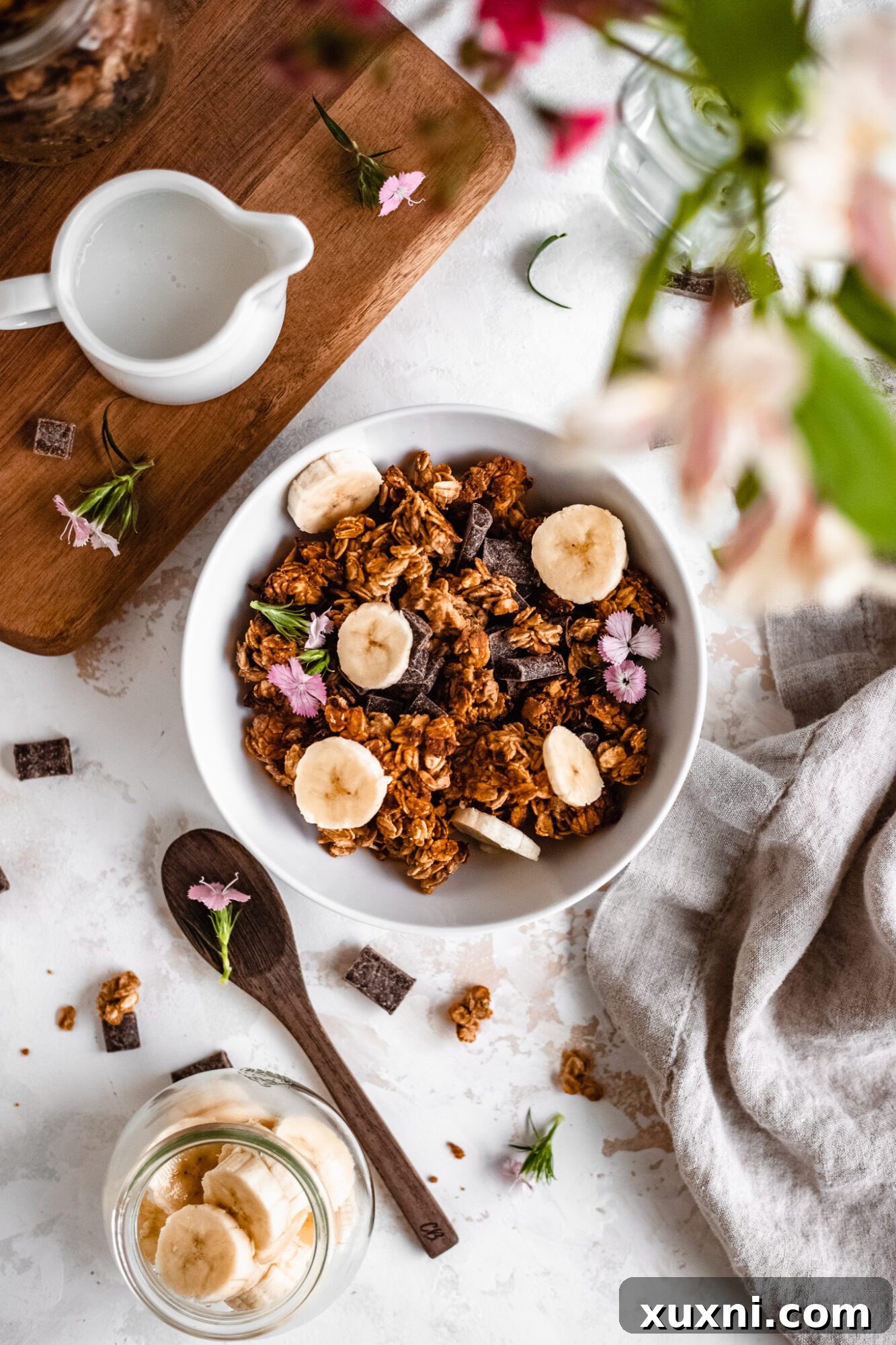 A bowl brimming with delicious banana bread granola, featuring a rich and appealing texture.