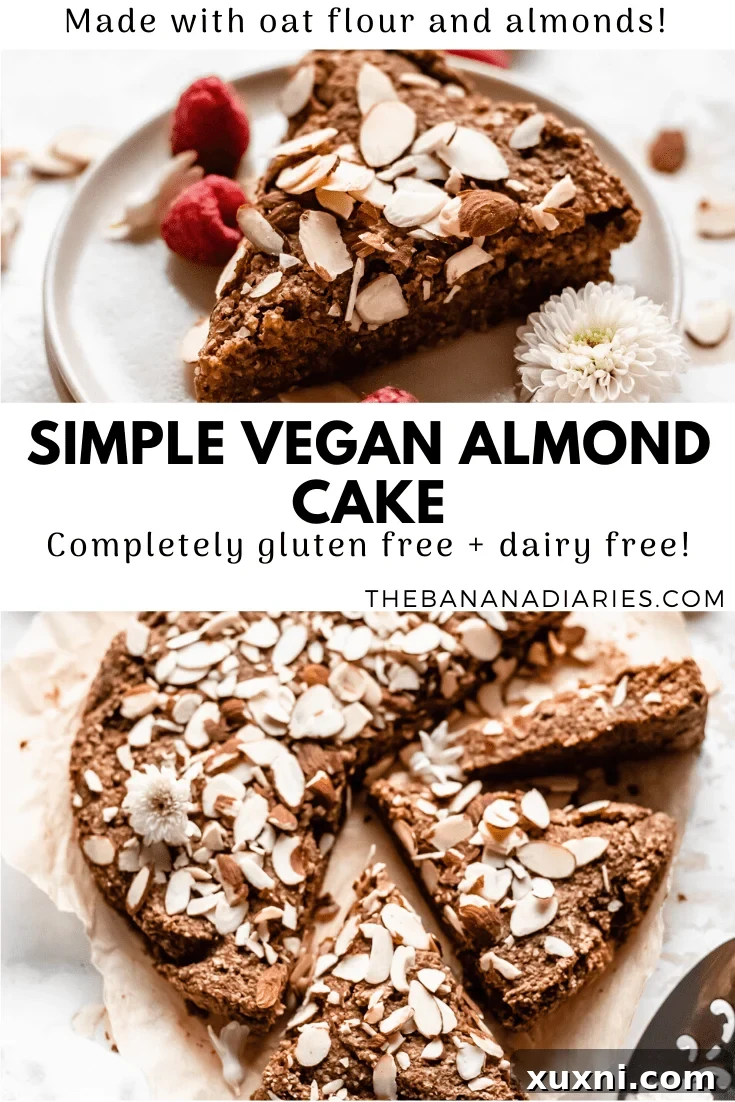Pinterest image for vegan gluten-free almond cake, featuring a beautiful slice