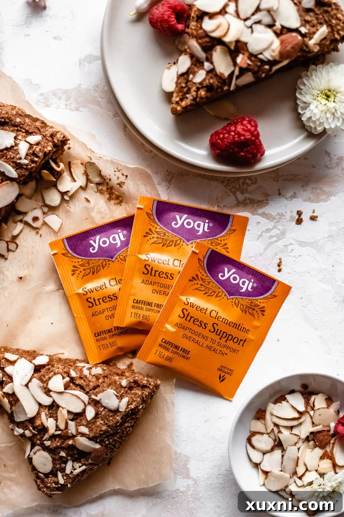 Selection of Yogi Tea sachets, highlighting the Sweet Clementine Stress Support blend