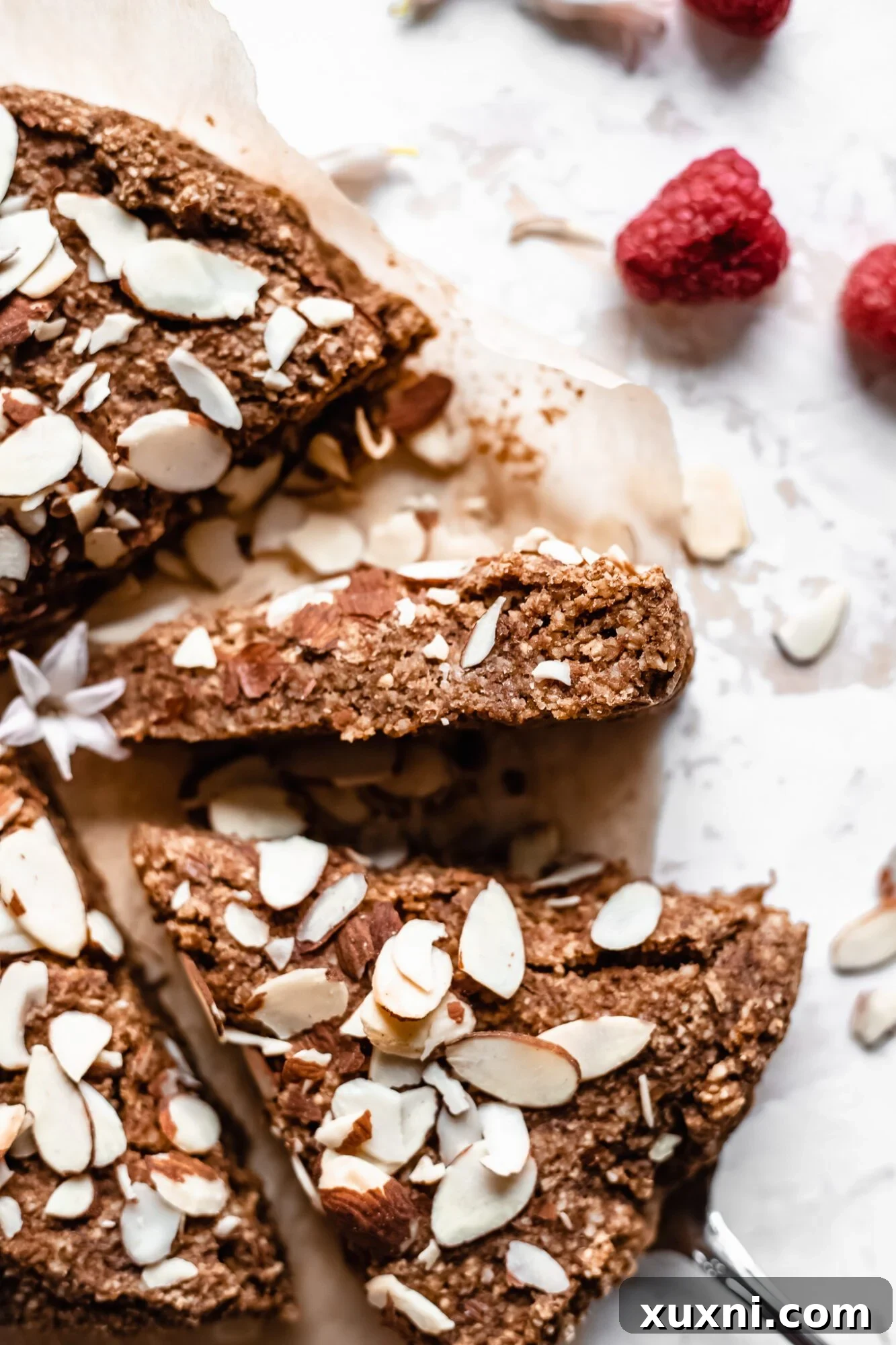 Close up shot of the moist, tender crumb of the almond cake
