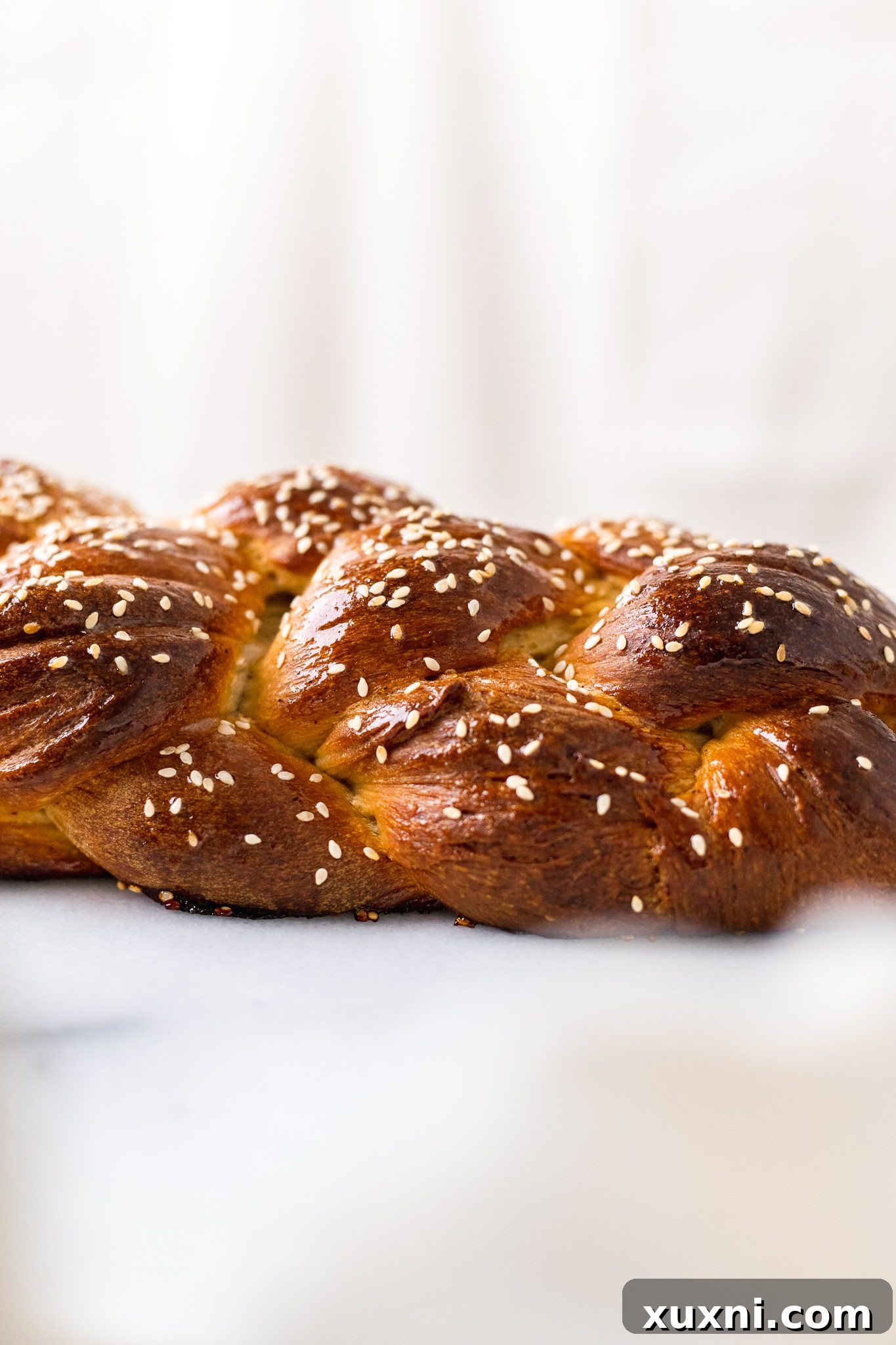 side profile of a beautifully braided vegan challah bread