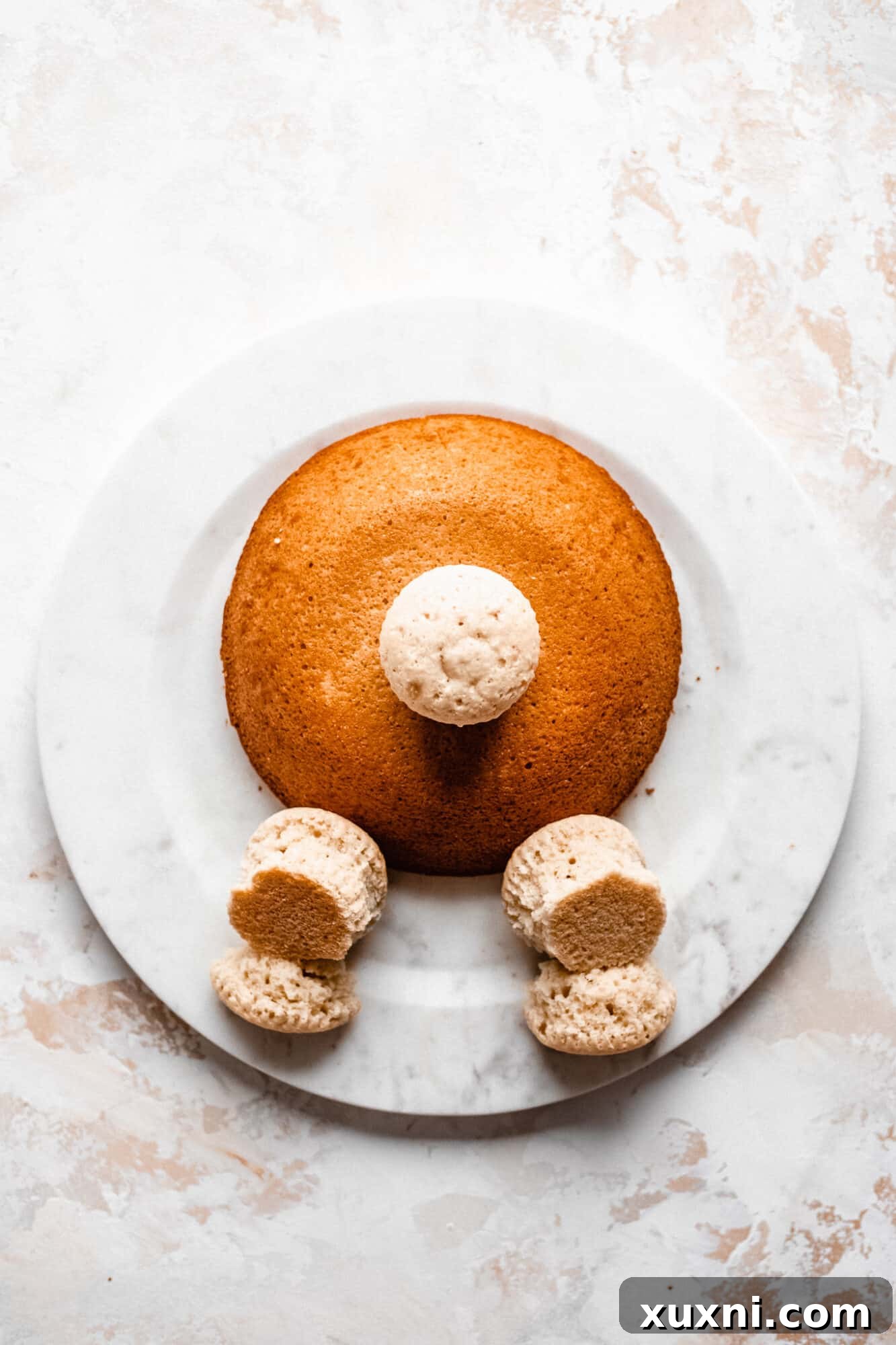 The vegan bunny butt cake with the cotton tail cupcake placed, completing the basic shape