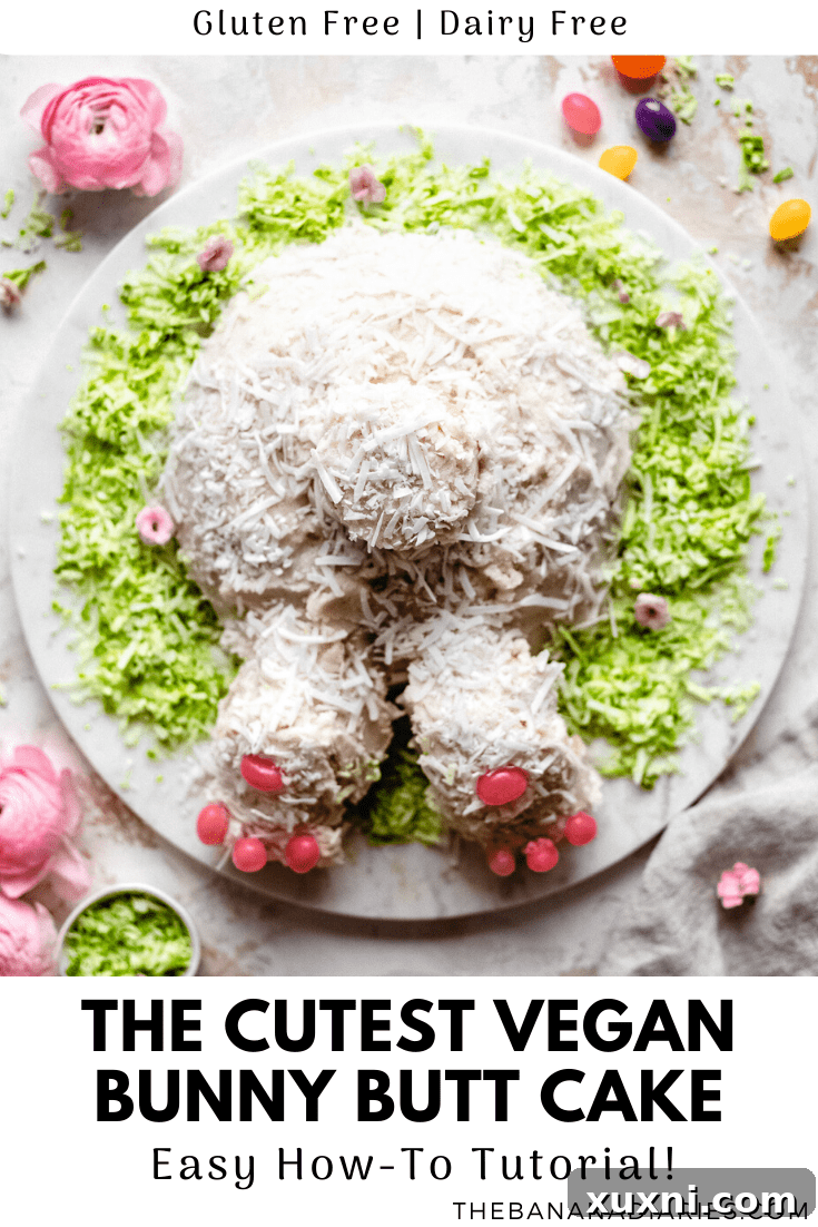 Pinterest image promoting the vegan bunny butt cake recipe for Easter and spring
