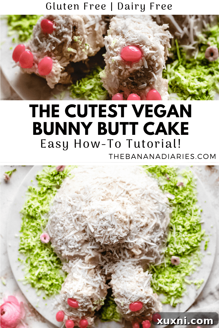 Pinterest image promoting the vegan bunny butt cake recipe for Easter and spring