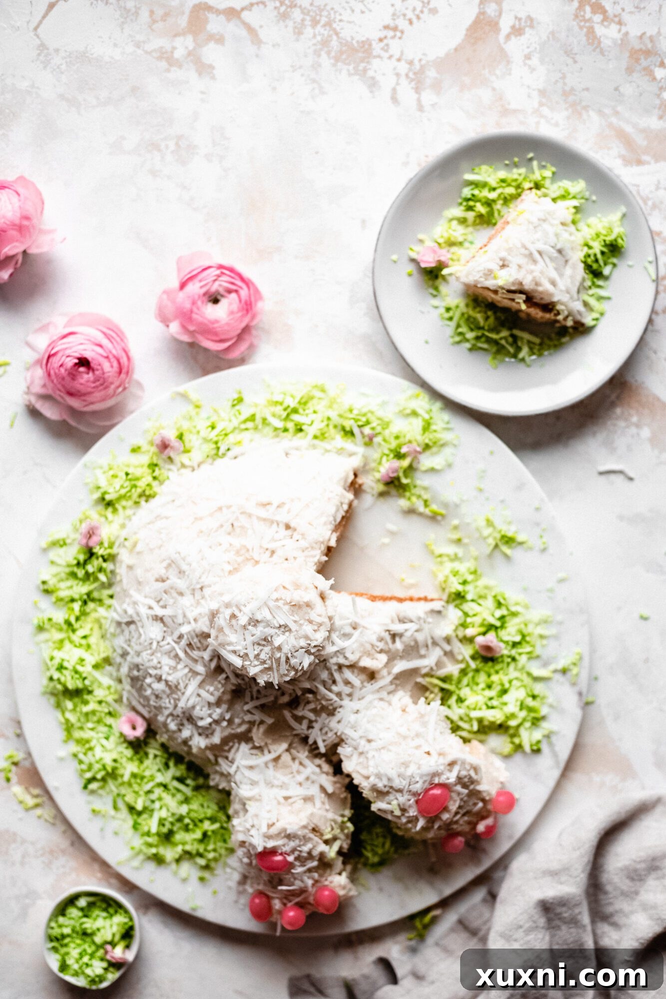 Several individual slices of vegan bunny cake showcasing the layered texture and inviting look
