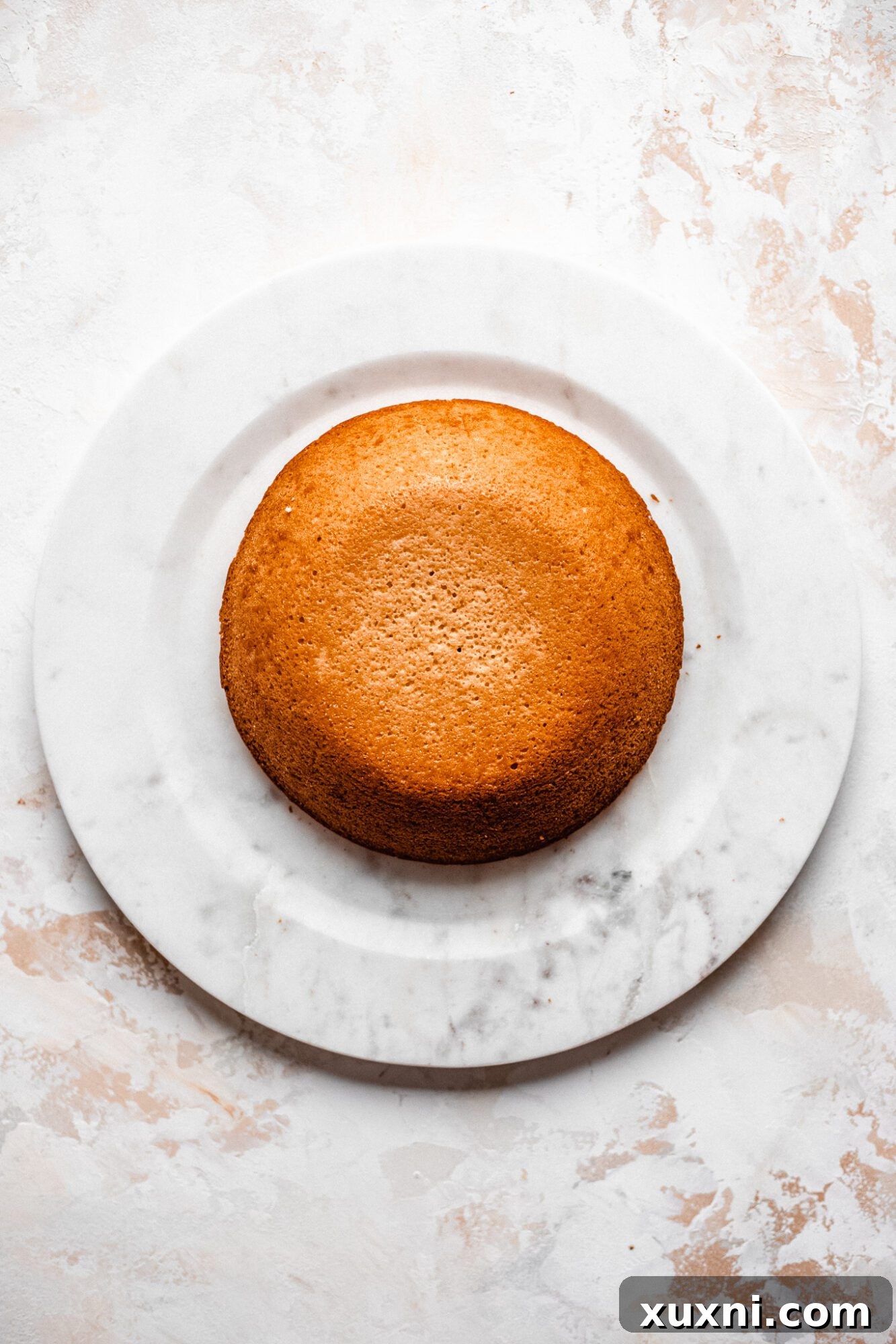 A vegan vanilla cake leveled and placed on a large serving plate, ready for the bunny butt assembly