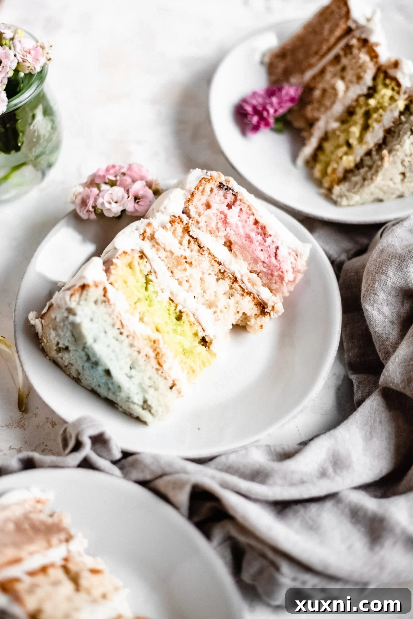 A single slice of vegan pastel layer cake on a plate, highlighting its vibrant layers and creamy frosting.