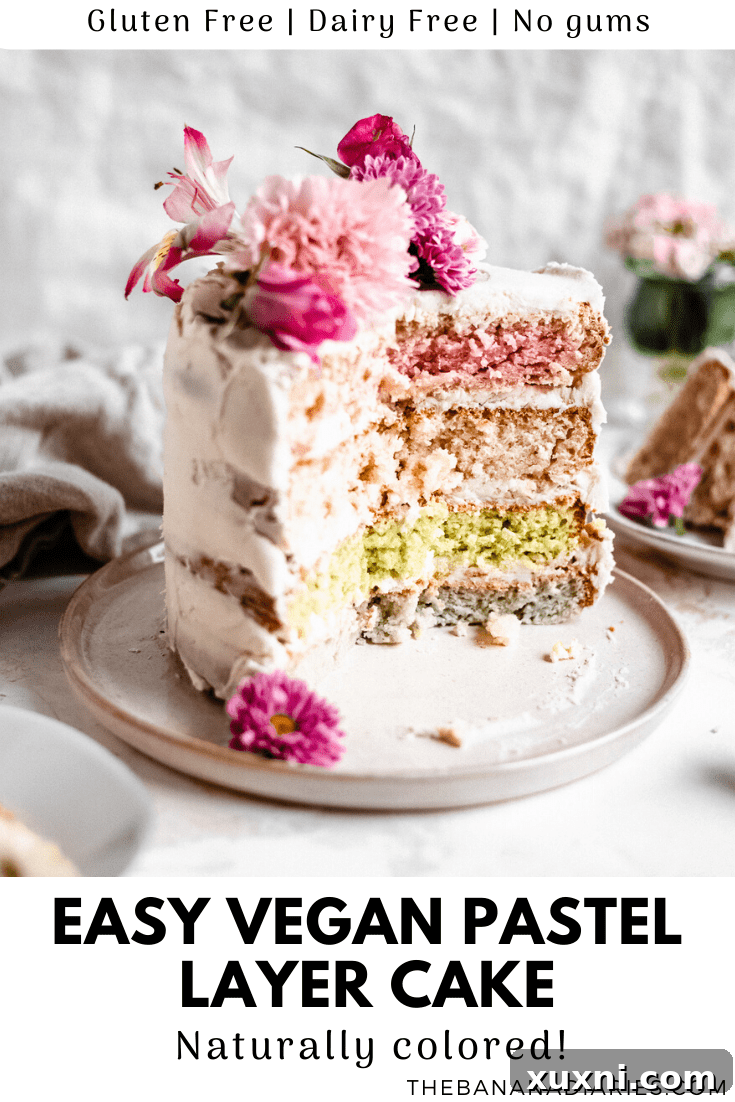 A second Pinterest image featuring the vibrant vegan pastel layer cake, designed for easy sharing and saving to boards.