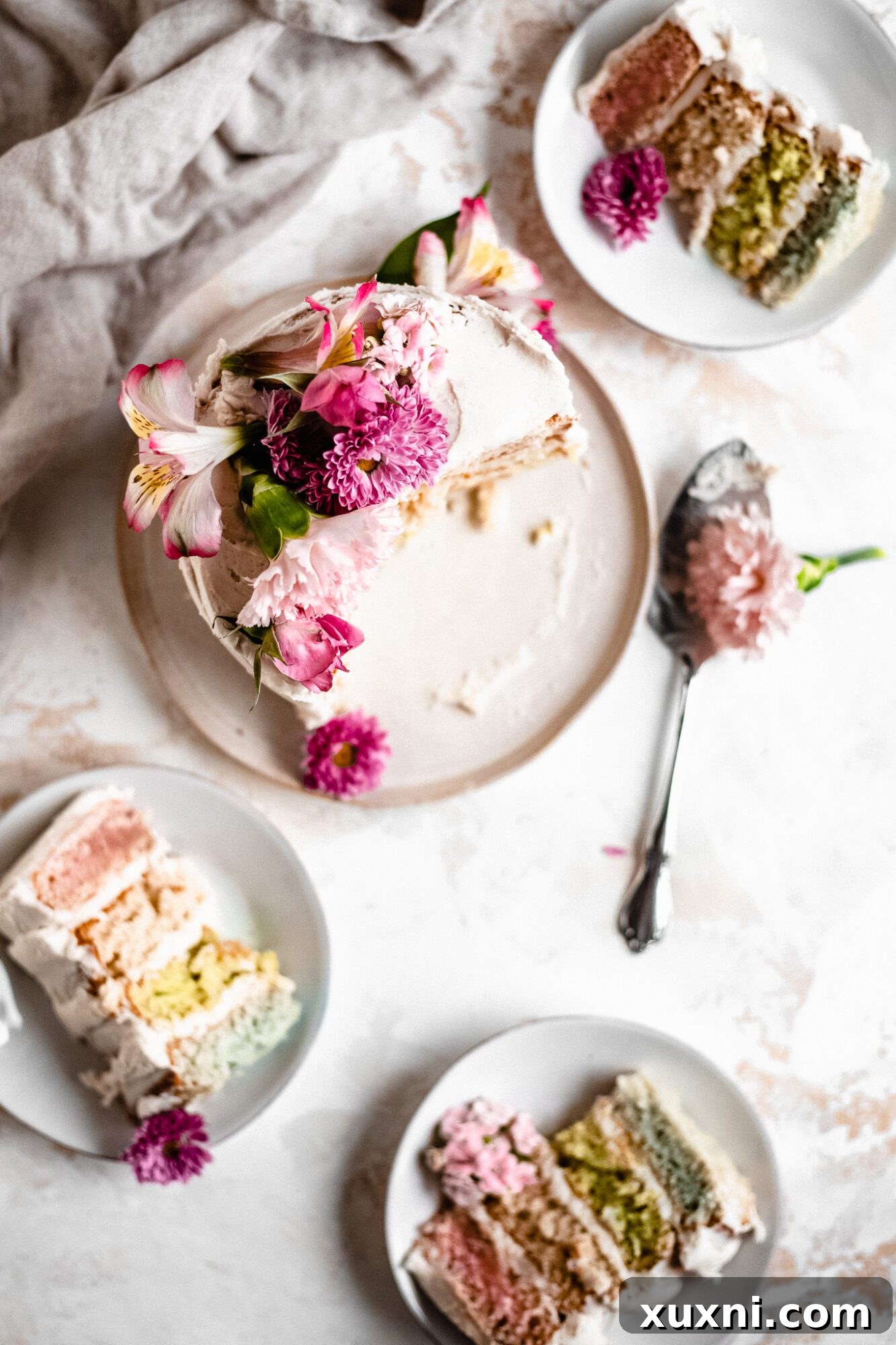 An overhead view of multiple slices of vegan pastel cake on plates, demonstrating the allure of the colorful dessert.