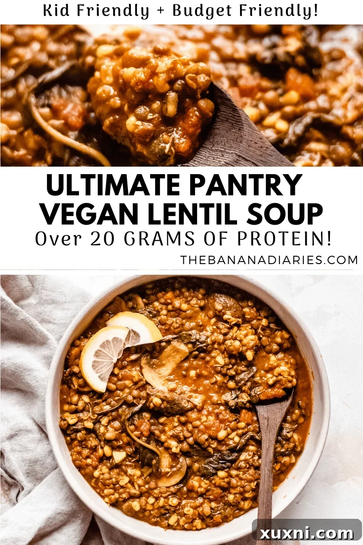 A Pinterest-optimized image featuring the easy pantry-friendly vegan lentil soup.