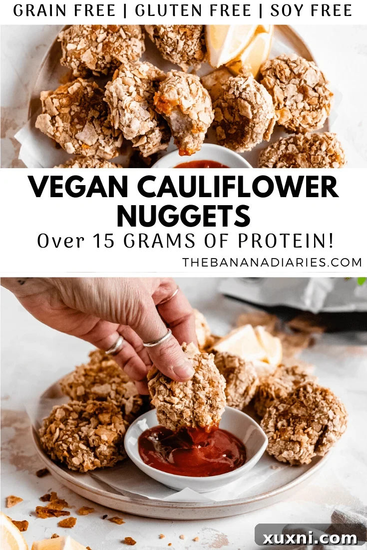 A beautiful Pinterest image for soy-free vegan chicken nuggets, promoting the recipe as plant-based and healthy.