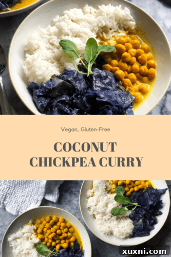 Finished Vegan Coconut Chickpea Curry dish, steaming hot, ready for a comforting meal.