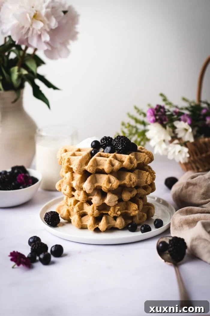 A stack of perfectly cooked vegan waffles on a plate, showcasing their fluffy interior and golden crisp exterior.