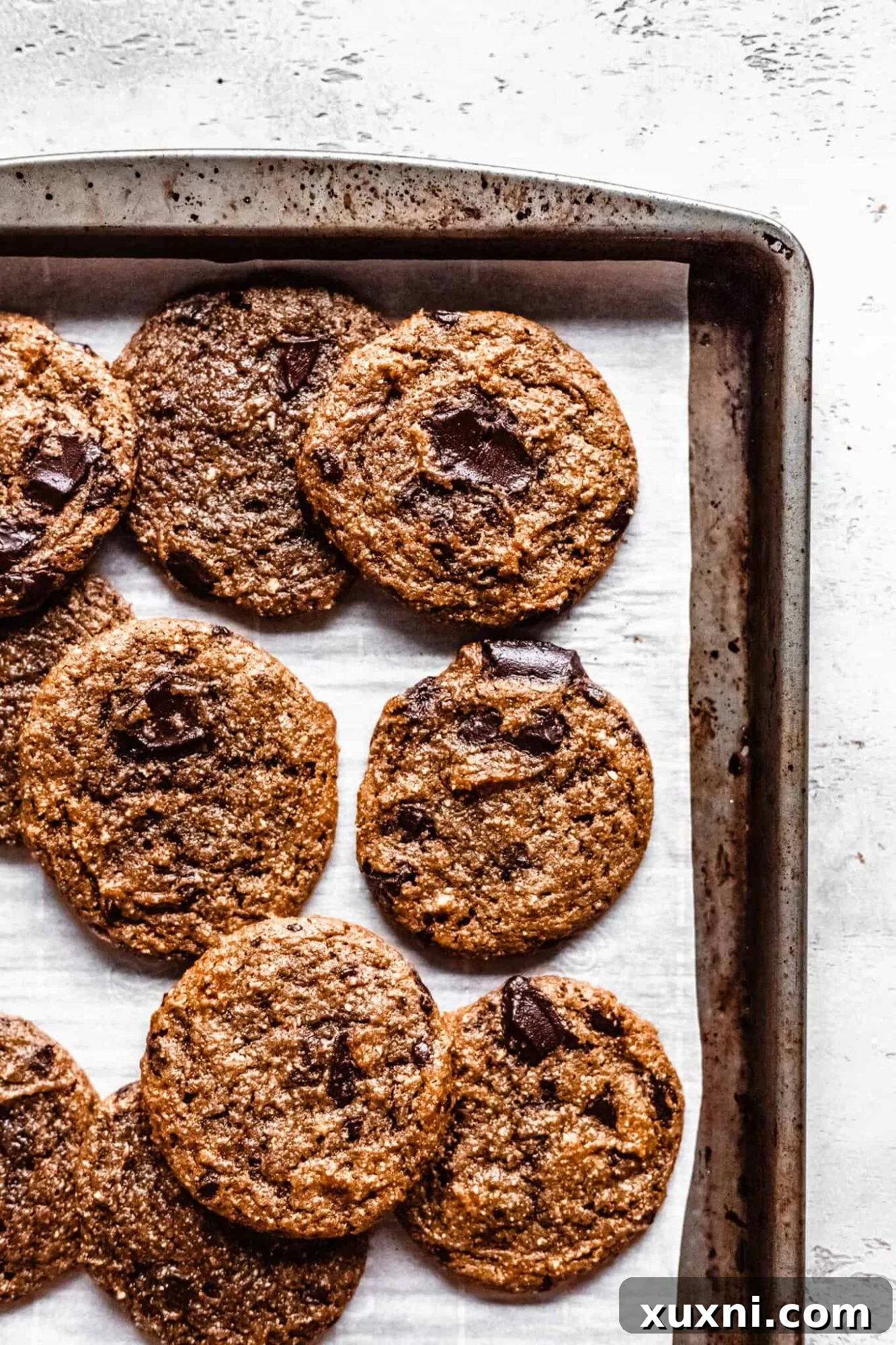vegan chocolate chip cookies on a baking sheet