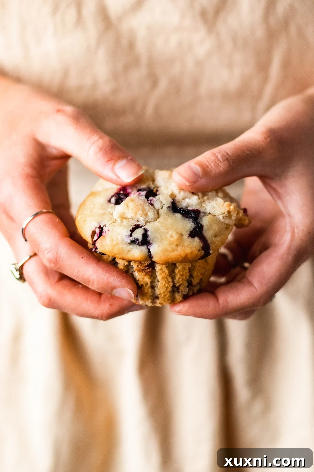 A hand holding a beautifully baked vegan blueberry muffin with a perfect dome and crumble topping.