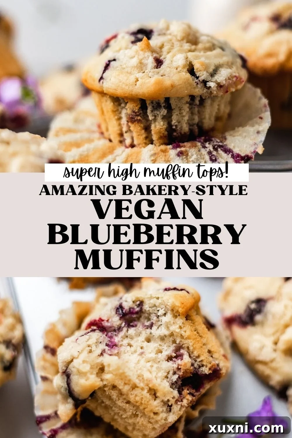 A Pinterest-optimized image showing a stack of bakery-style vegan blueberry muffins with fresh blueberries scattered around.