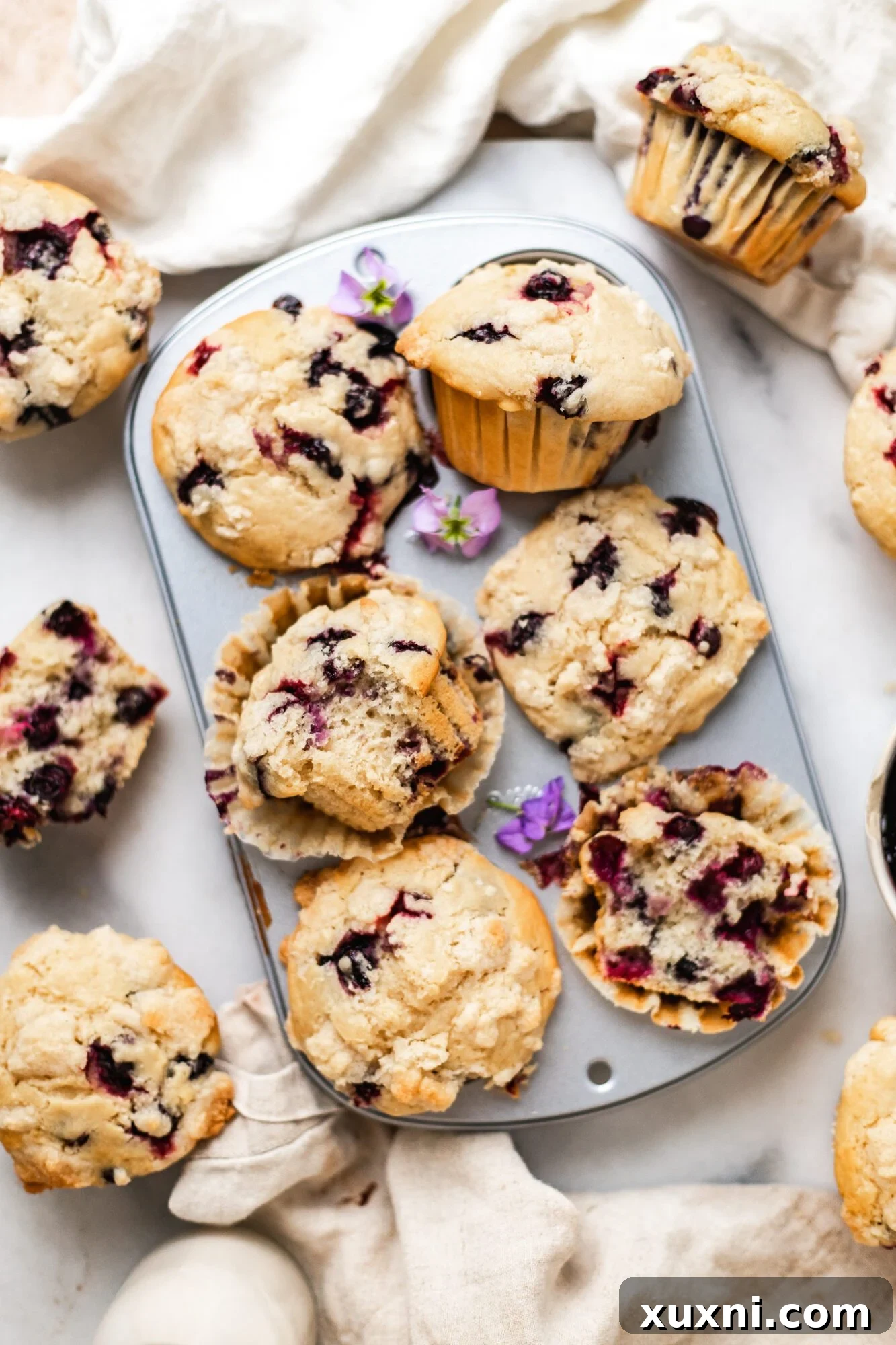 Freshly baked vegan blueberry muffins in a muffin tin, cooling on a wire rack.