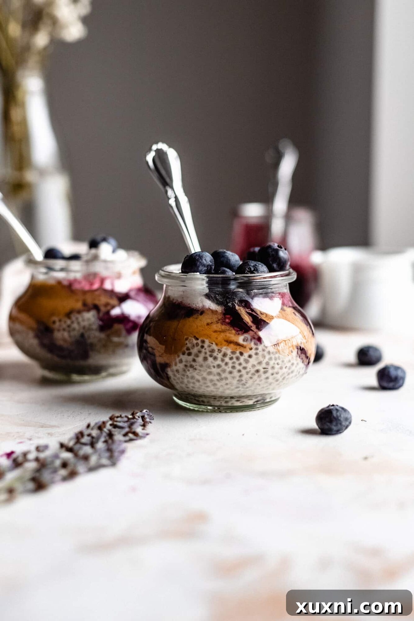 Dreamy Overnight Peanut Butter and Jelly Chia Pudding Vegan 2 glasses of chia pudding