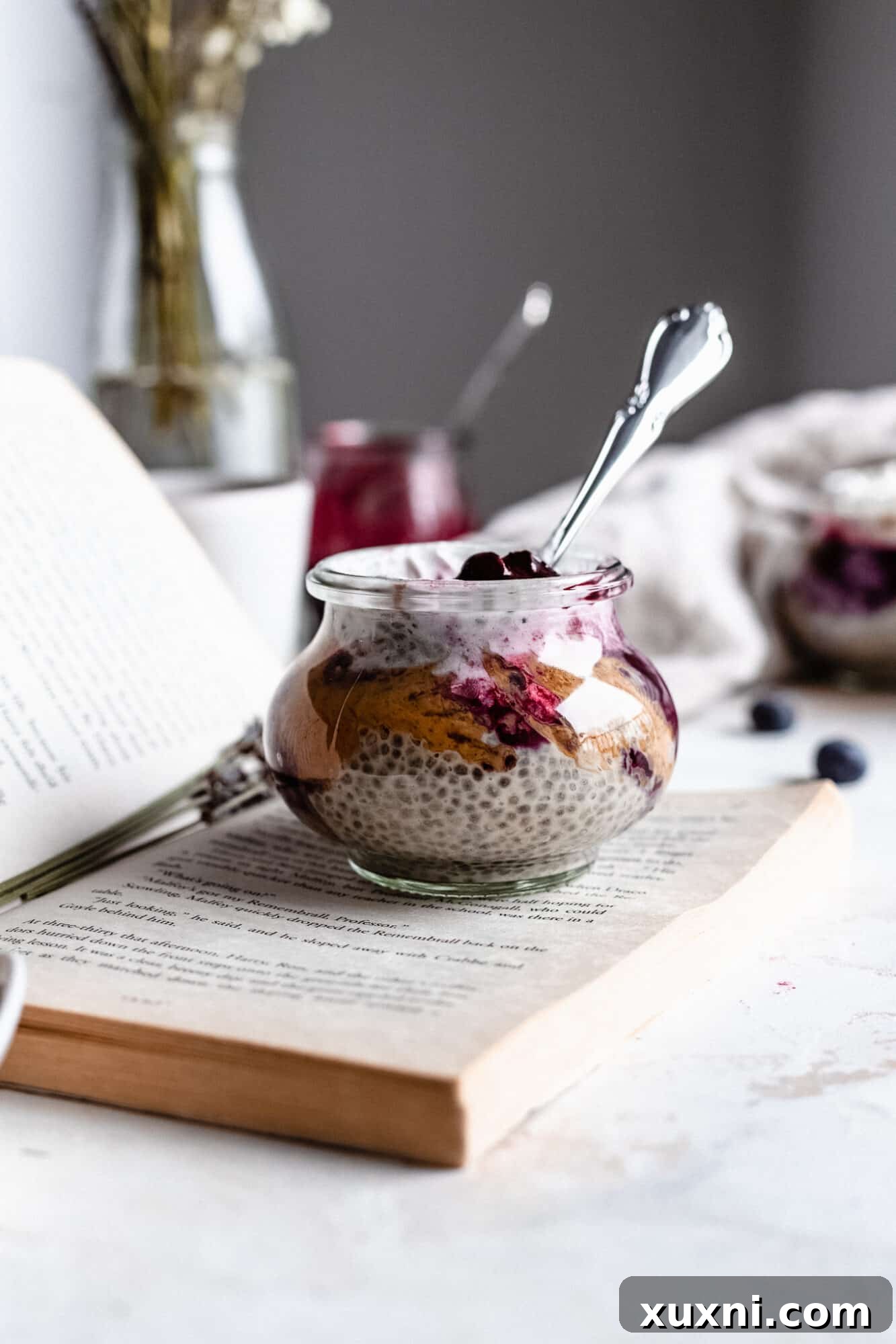 Dreamy Overnight Peanut Butter and Jelly Chia Pudding Vegan 11 glass of keto chia pudding on book