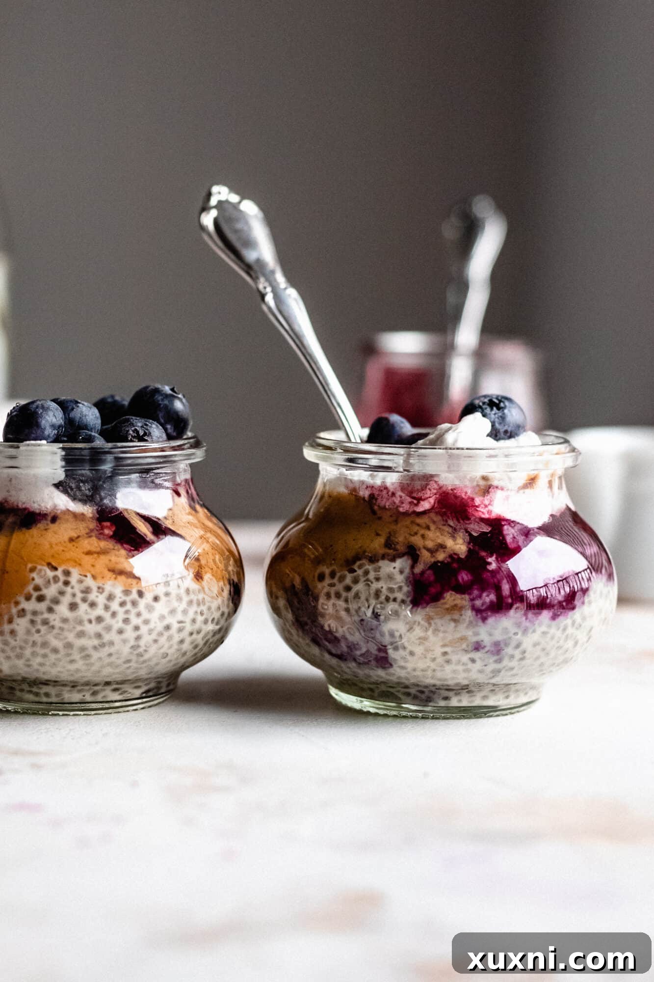 Dreamy Overnight Peanut Butter and Jelly Chia Pudding Vegan 8 glasses of chia pudding