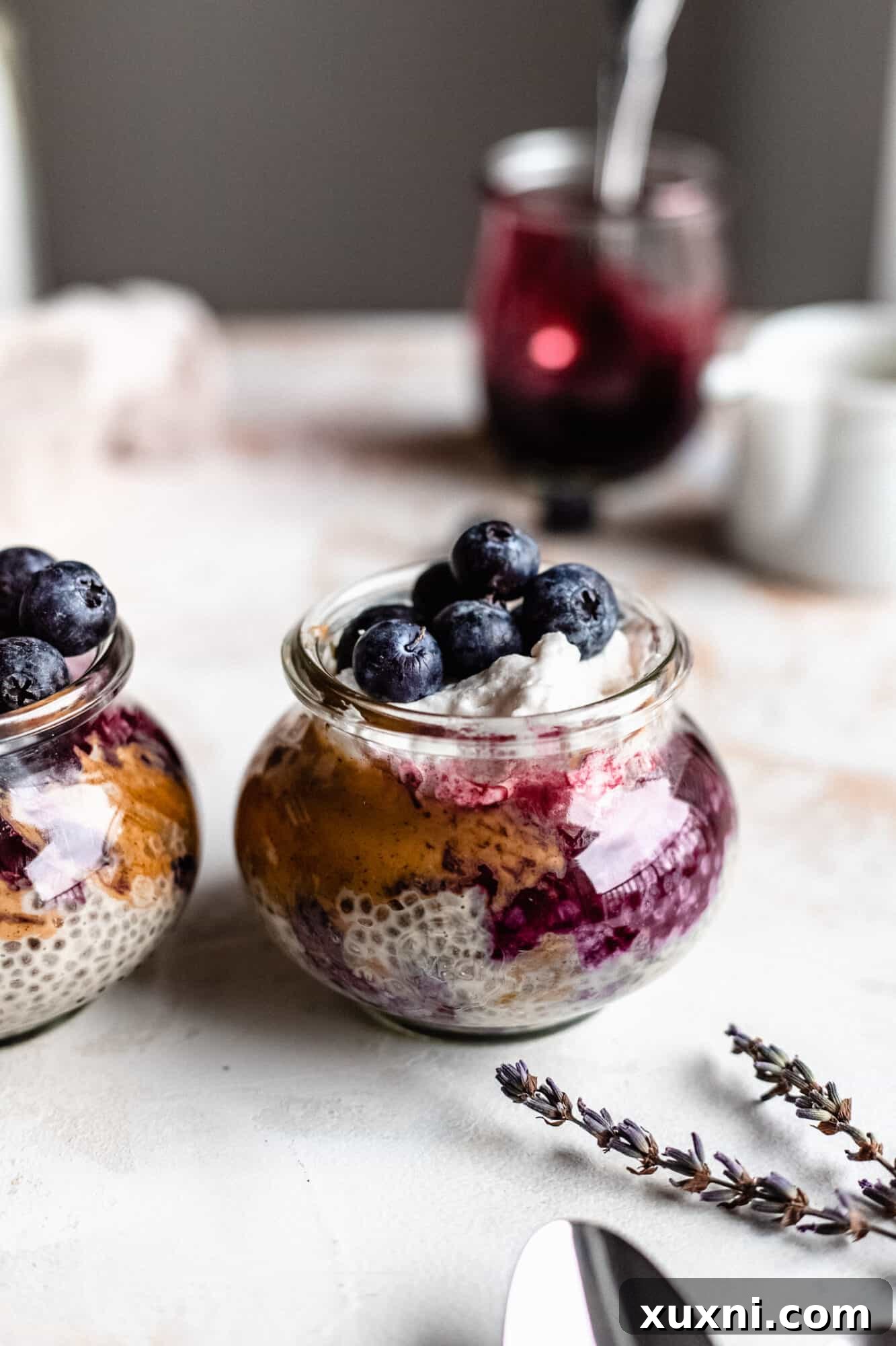 Dreamy Overnight Peanut Butter and Jelly Chia Pudding Vegan 9 peanut butter chia pudding topped with blueberries