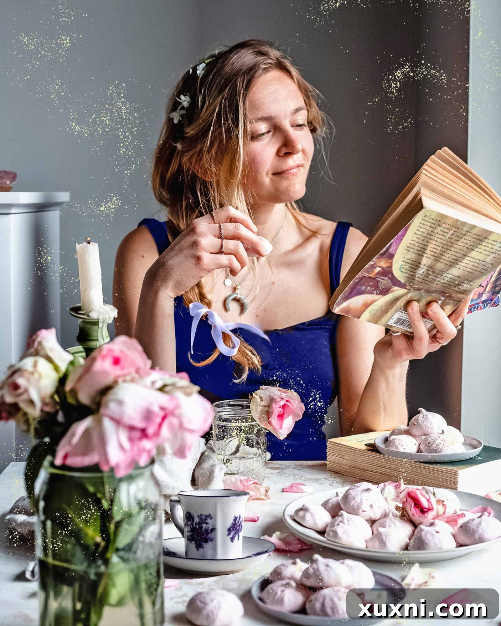 A whimsical scene featuring a girl holding an open book with a vegan meringue cookie, evoking a sense of wonder.