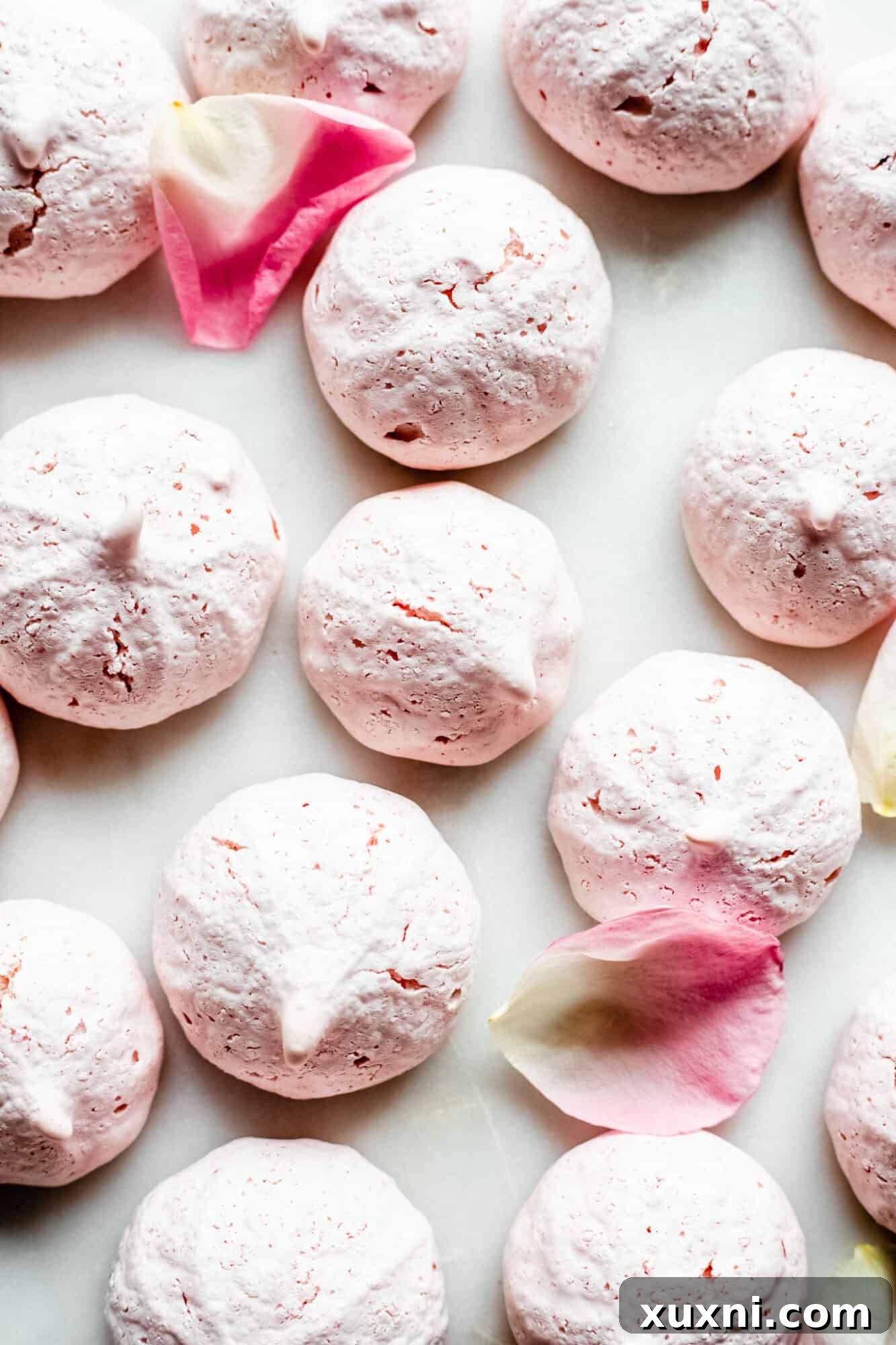 A collection of delicate vegan meringue cookies, featuring varying shades and unique piped shapes.