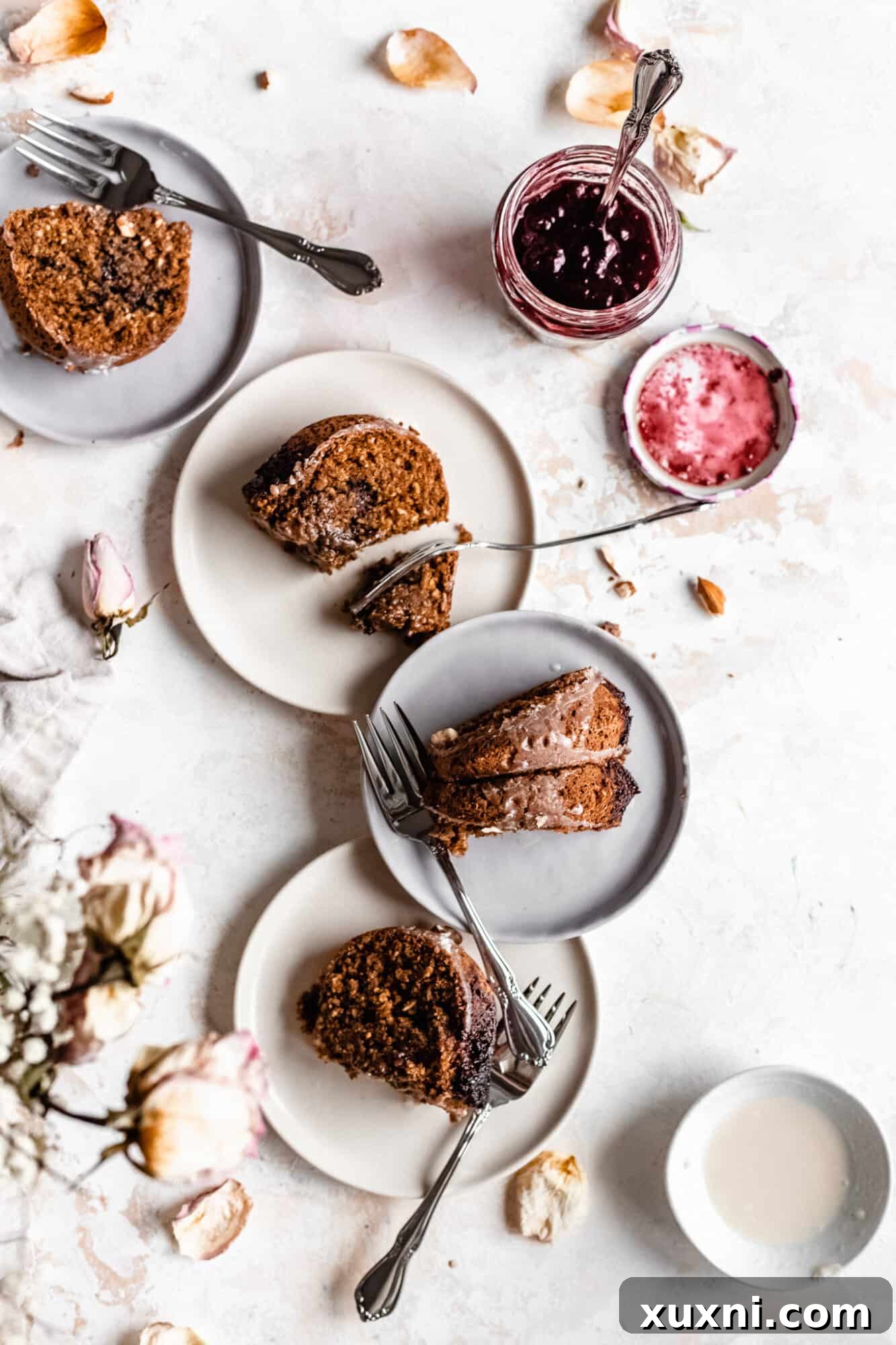 Plates of bundt cake slices, ready to be enjoyed.