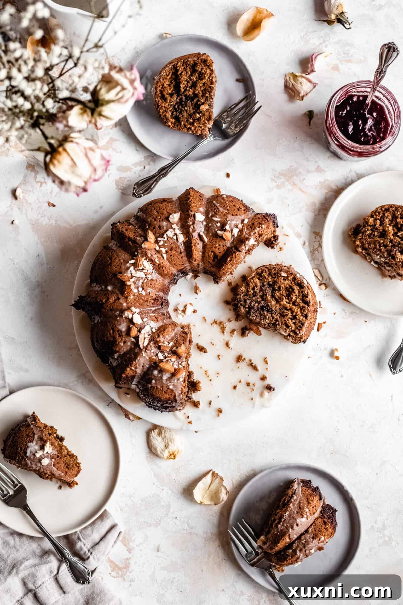 A close-up of multiple bundt cake slices, tempting and delicious.